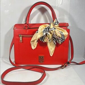 Furla Red Satchel with Plaid Gold Scarf